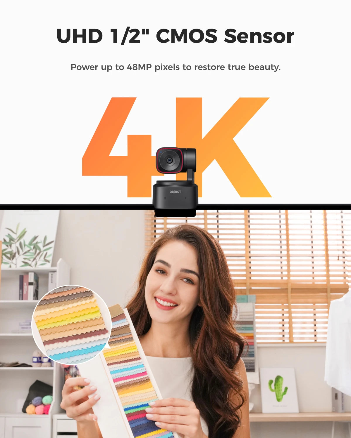 OBSBOT Tiny 2 Lite 4K Webcam for PC, AI Tracking PTZ Streaming Camera with 1/2" Sensor, Gesture Control, 60 FPS, HDR, Microphone