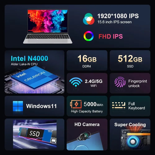 15.6" Windows 11 laptop Fingerprint unlocking Laptop Computer intel Celeron N4000 16GB RAM 1/2TB SSD notebook Gamer Computer PC