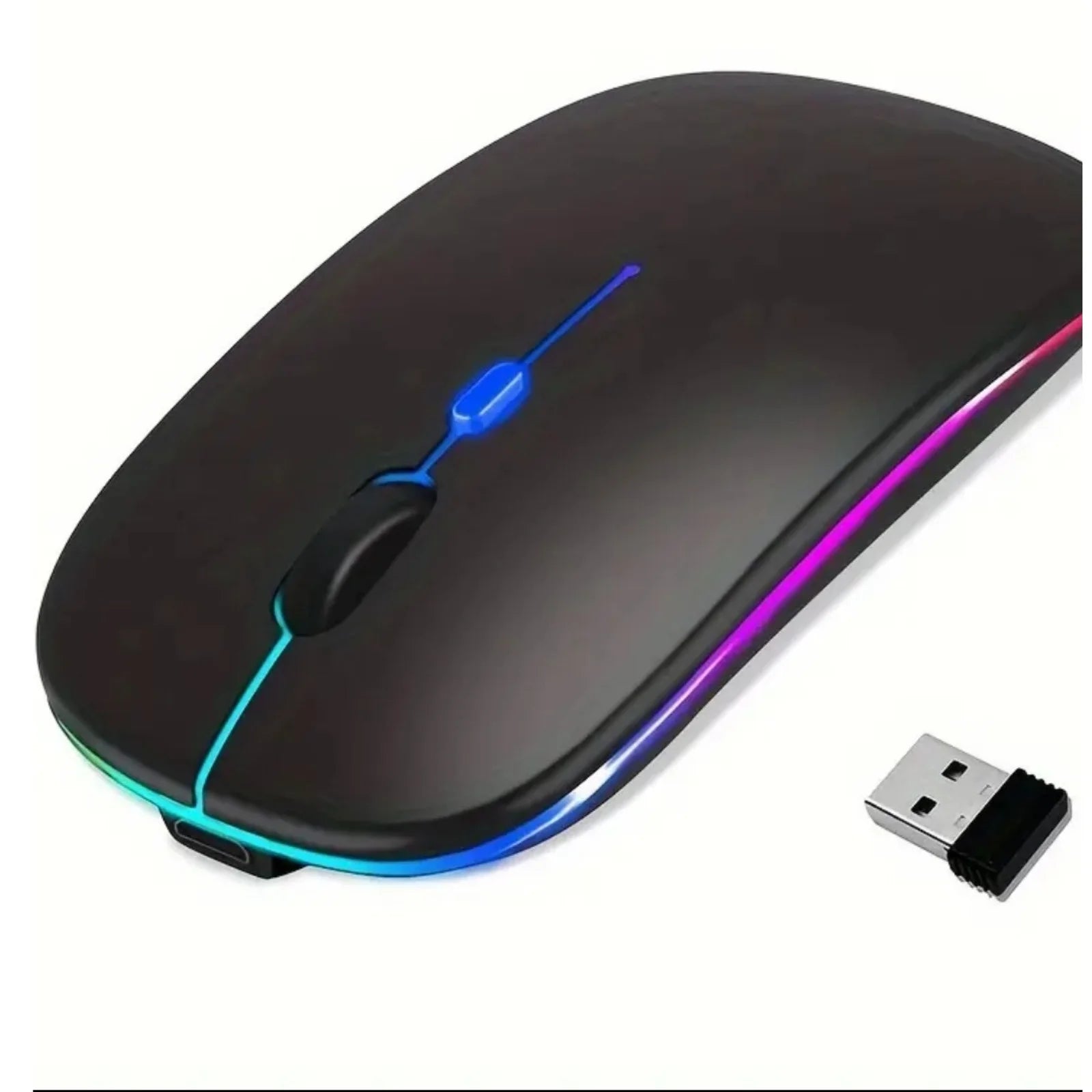 Wireless mouse with Bluetooth connectivity, rechargeable design, and 2.4 GHz USB receiver, featuring a modern ultra-thin build, 1600 DPI sensitivity, and 6 buttons, ideal for gaming and compatible with PC, laptop, and MacBook