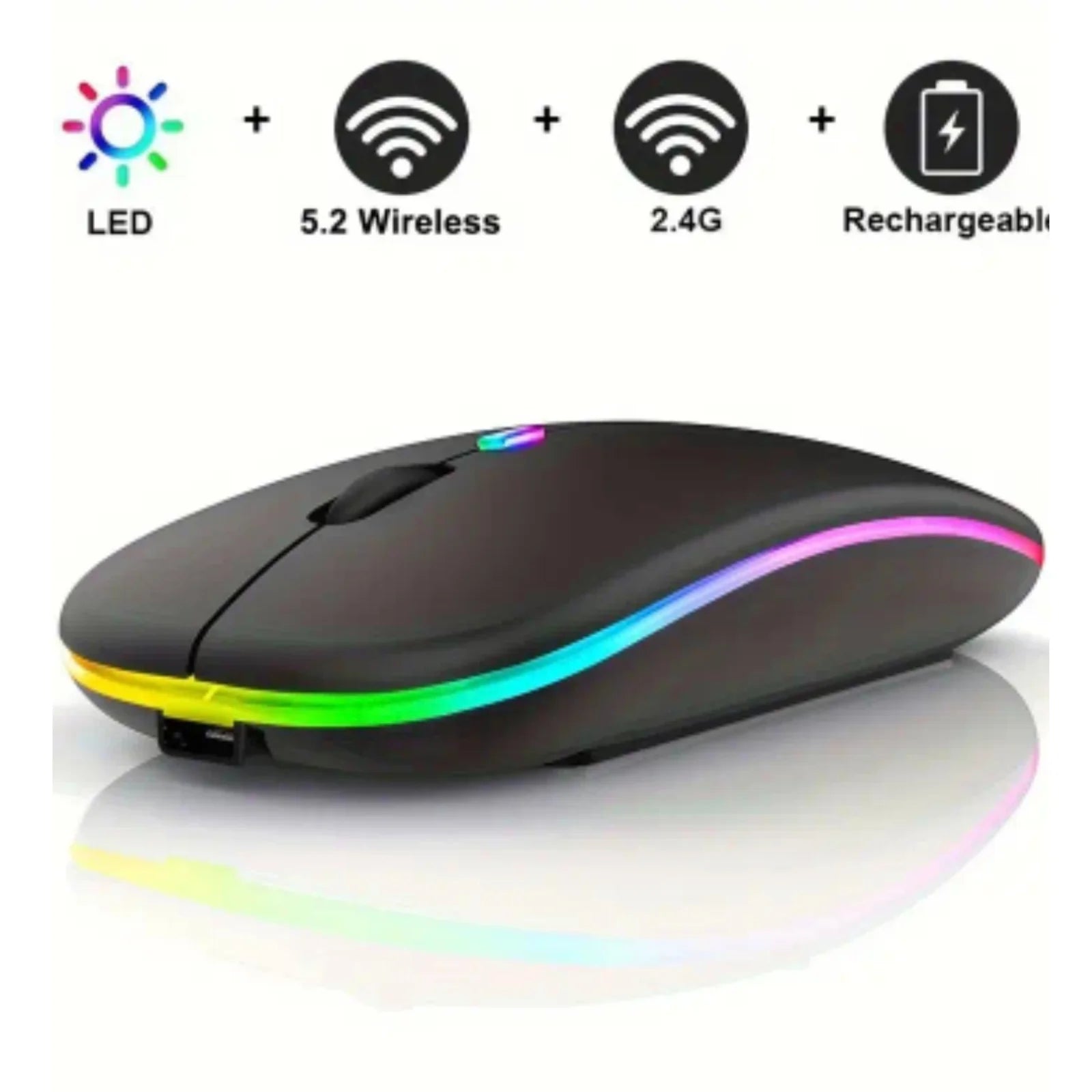 Wireless mouse with Bluetooth connectivity, rechargeable design, and 2.4 GHz USB receiver, featuring a modern ultra-thin build, 1600 DPI sensitivity, and 6 buttons, ideal for gaming and compatible with PC, laptop, and MacBook