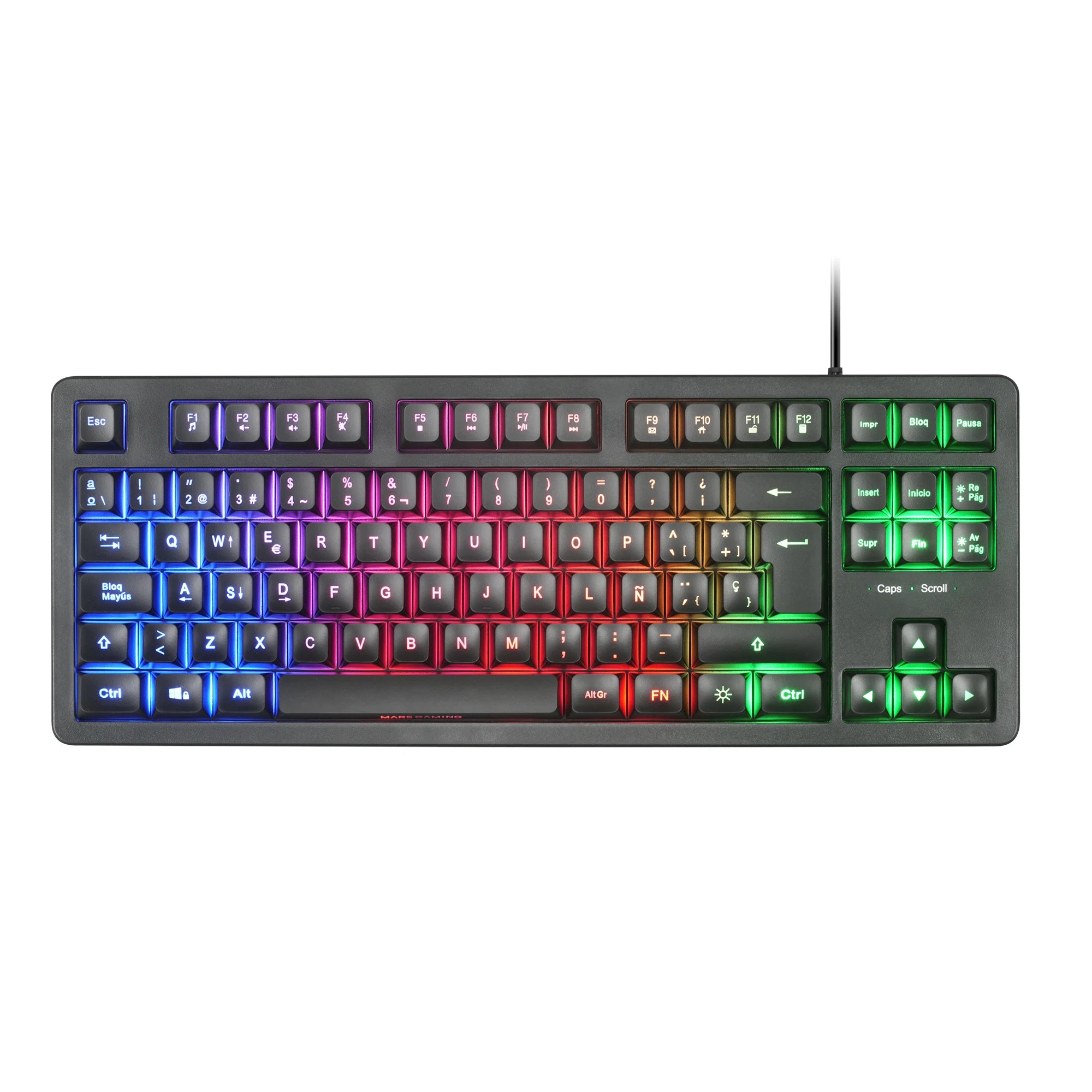Mars gaming mk023, tkl gaming keyboard, hybrid h-mech technology, frgb rainbow lighting, anti-ghosting, universal compatibility, black or white keyboard and with language in spanish, french or portuguese