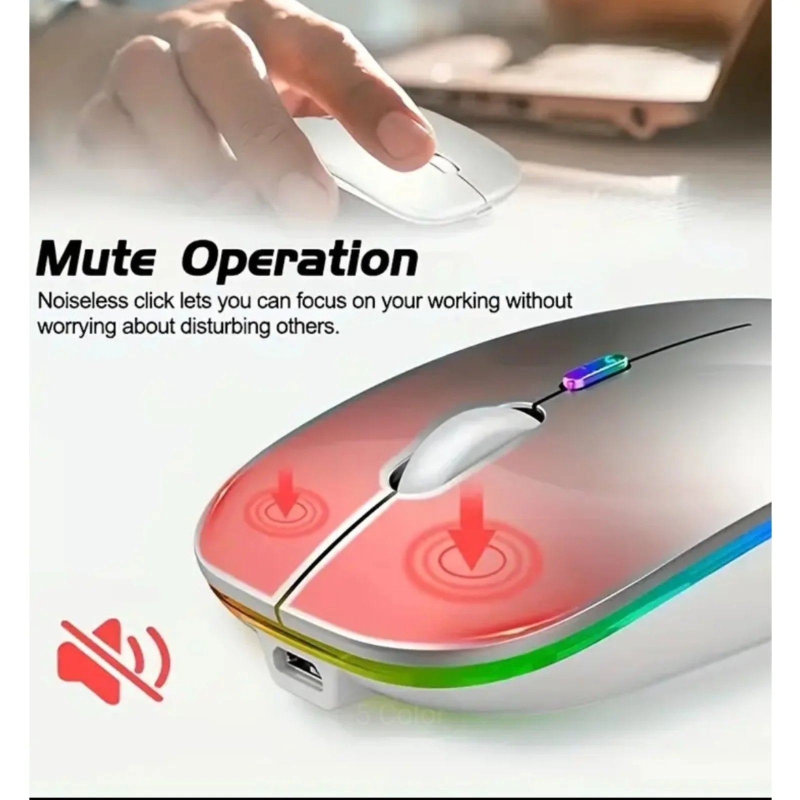 Wireless mouse with Bluetooth connectivity, rechargeable design, and 2.4 GHz USB receiver, featuring a modern ultra-thin build, 1600 DPI sensitivity, and 6 buttons, ideal for gaming and compatible with PC, laptop, and MacBook