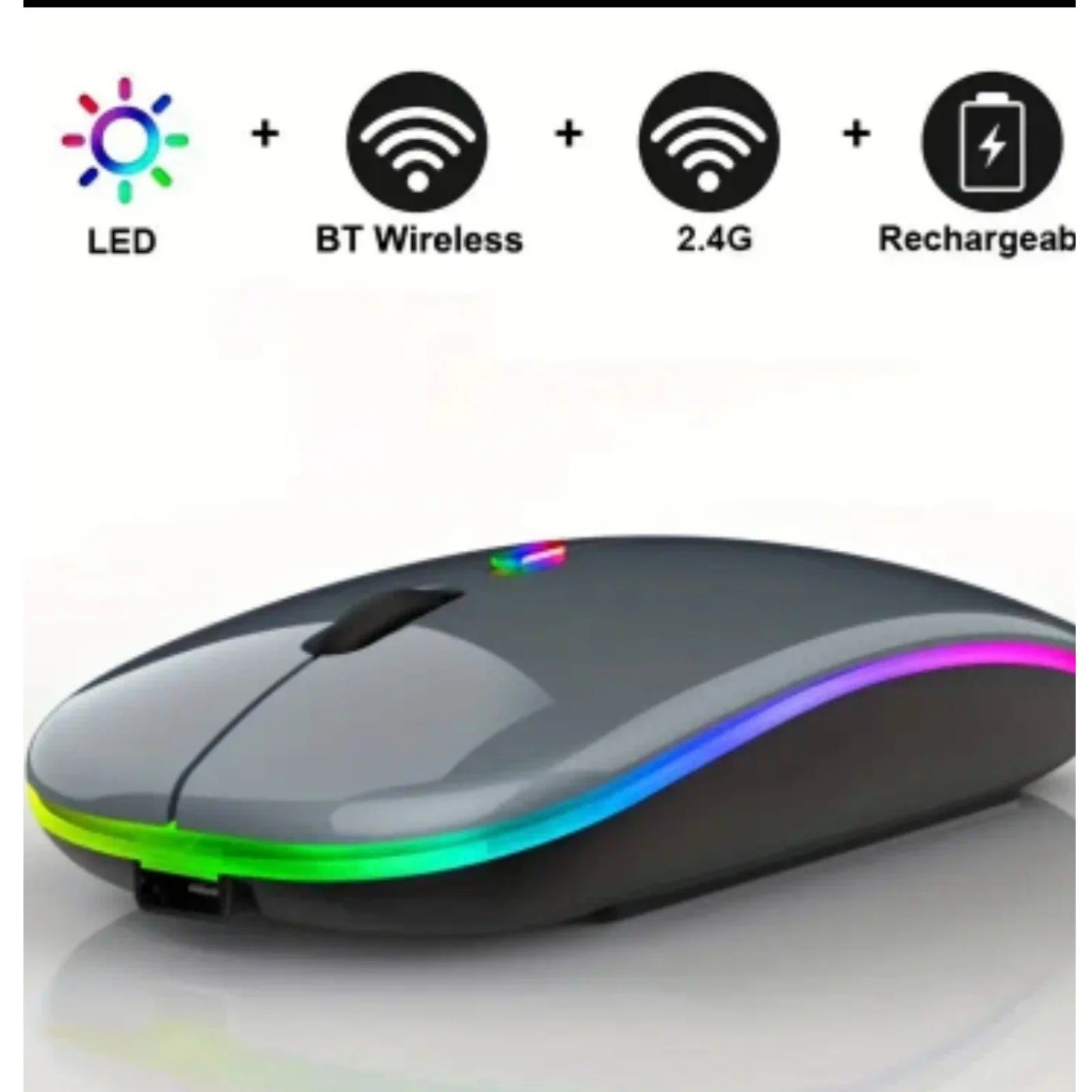 Wireless mouse with Bluetooth connectivity, rechargeable design, and 2.4 GHz USB receiver, featuring a modern ultra-thin build, 1600 DPI sensitivity, and 6 buttons, ideal for gaming and compatible with PC, laptop, and MacBook