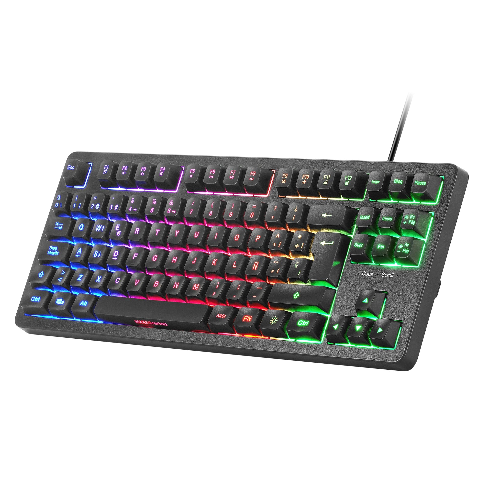 Mars gaming mk023, tkl gaming keyboard, hybrid h-mech technology, frgb rainbow lighting, anti-ghosting, universal compatibility, black or white keyboard and with language in spanish, french or portuguese