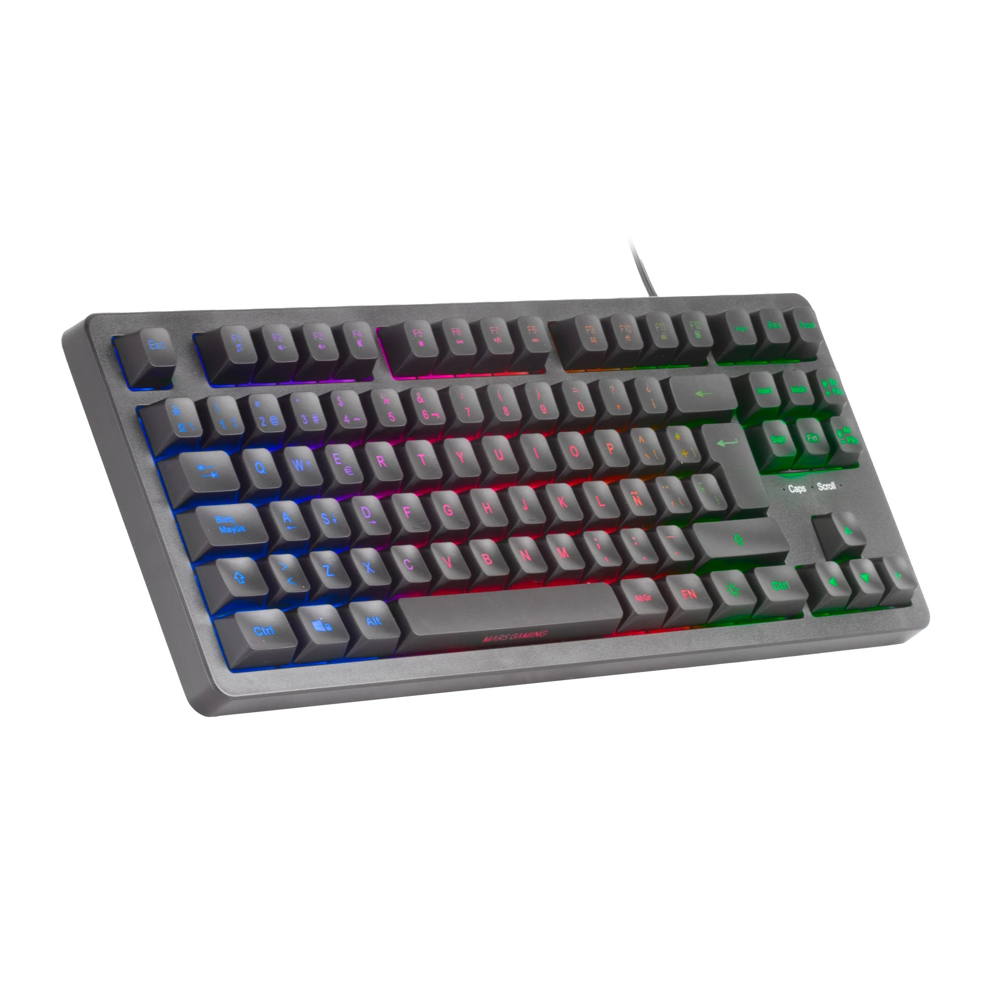 Mars gaming mk023, tkl gaming keyboard, hybrid h-mech technology, frgb rainbow lighting, anti-ghosting, universal compatibility, black or white keyboard and with language in spanish, french or portuguese