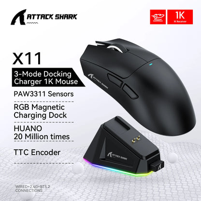 Attack Shark R1/X11 Wireless Gaming Mouse, 18K DPI PAW3311, Ergonomic, Lightweight Tri-Mode Bluetooth 2.4GHz USB, for PC/Laptop