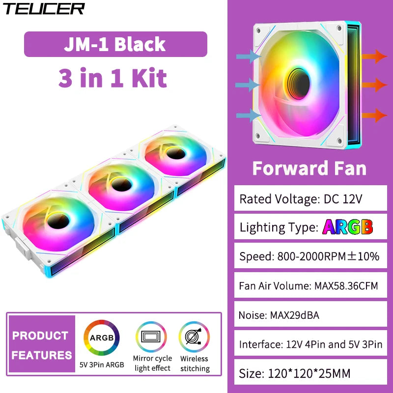 TEUCER JM-1 ARGB Fan 3 in 1 RGB Mirror Cycle Light Effect 800-2000RPM PWM Water Cooling 360mm  PC Cooler Fan Kit