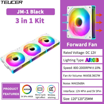 TEUCER JM-1 ARGB Fan 3 in 1 RGB Mirror Cycle Light Effect 800-2000RPM PWM Water Cooling 360mm  PC Cooler Fan Kit
