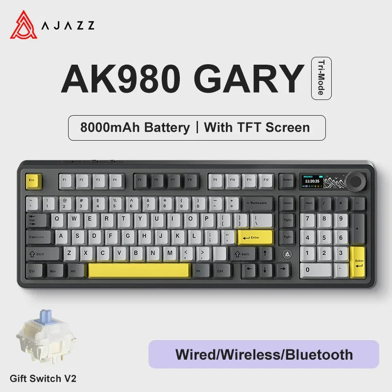 AJAZZ AK980 Mechanical Gaming keyboard, 2.9cm TFT Screen, Volume Knob, 98-Key Gasket Structure, RGB Lighting, Hot-Swappable PR4