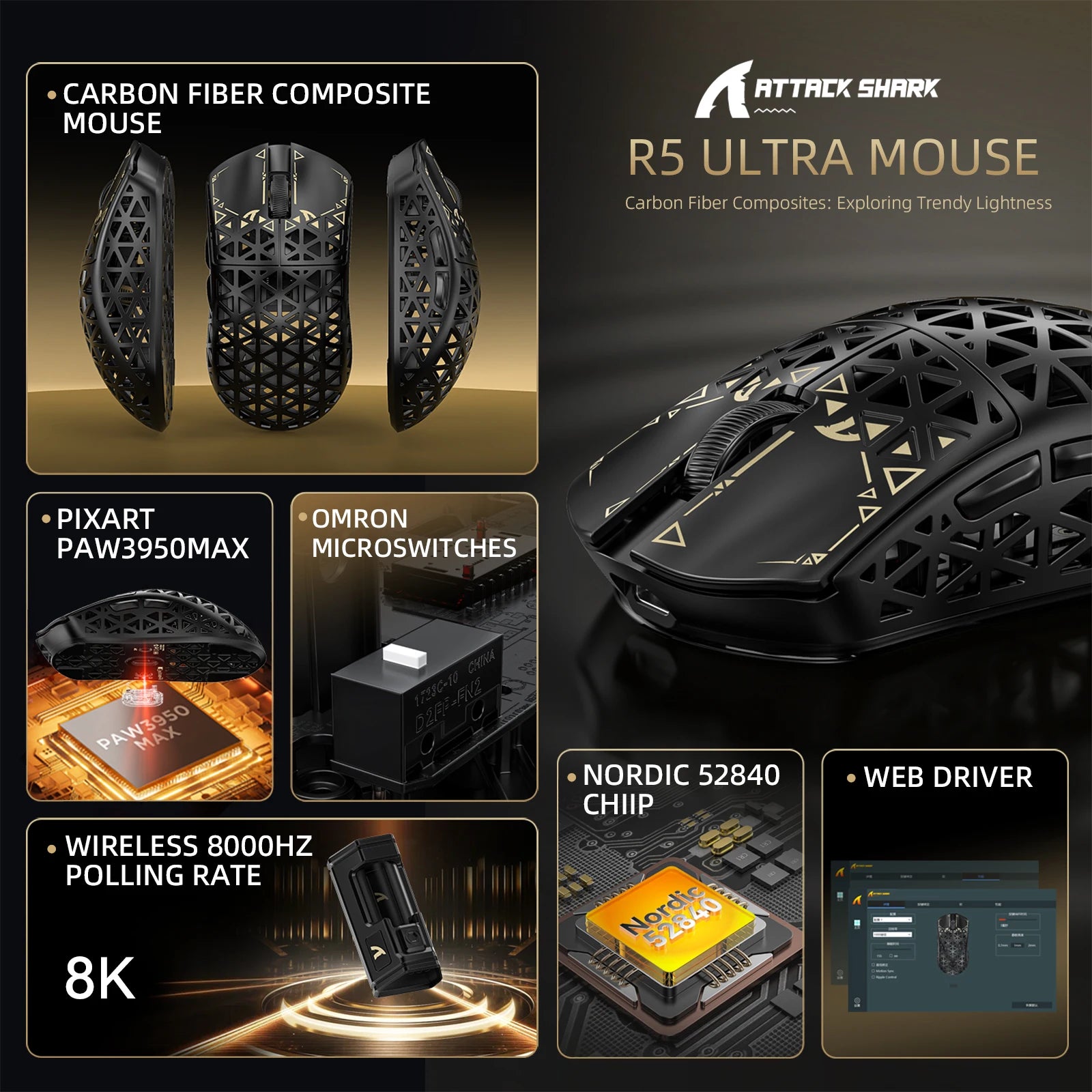 ATTACK SHARK R5 Ultra Carbon Fiber Wireless Gaming Mouse, PixArt PAW3950MAX Gaming Sensor, 42000DPI, 8000Hz, MCU Nordic 52840