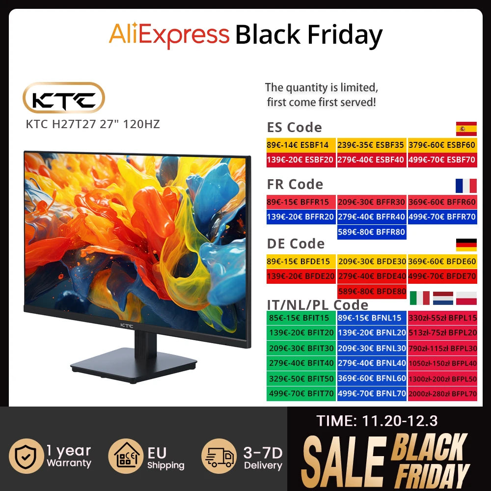 KTC H27T27 27inch QHD 100Hz Gaming Monitor 2560x1440 IPS Fast Panel Screen 16:9 ELED 1ms GTG Response Time 99% sRGB HDR10