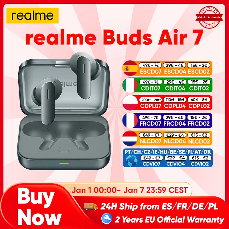 realme Buds Air 7 Bluetooth Earphones Wireless Headphones For Smartphone realme GT7 Pro realme 14 Pro Plus 52 Hours Battery Life