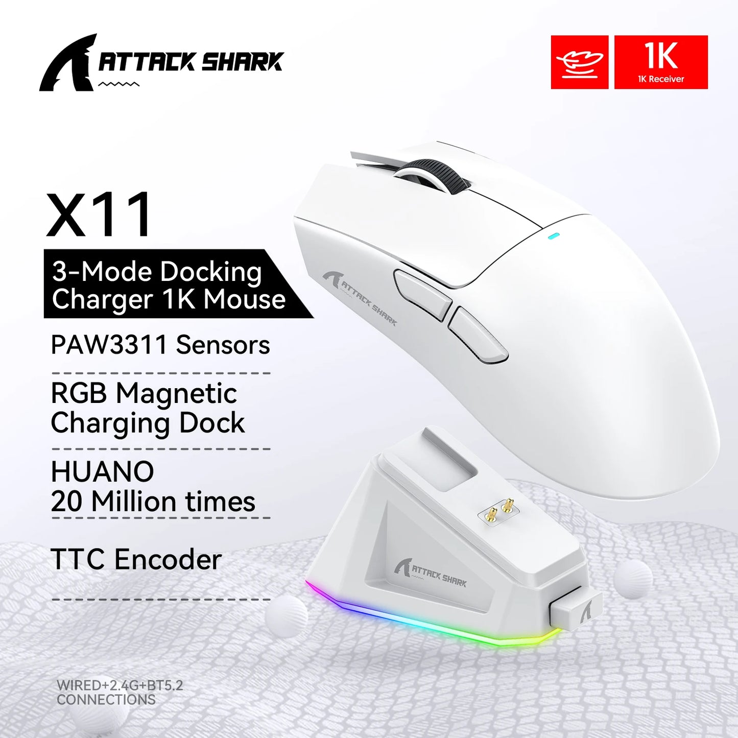 Attack Shark R1/X11 Wireless Gaming Mouse, 18K DPI PAW3311, Ergonomic, Lightweight Tri-Mode Bluetooth 2.4GHz USB, for PC/Laptop
