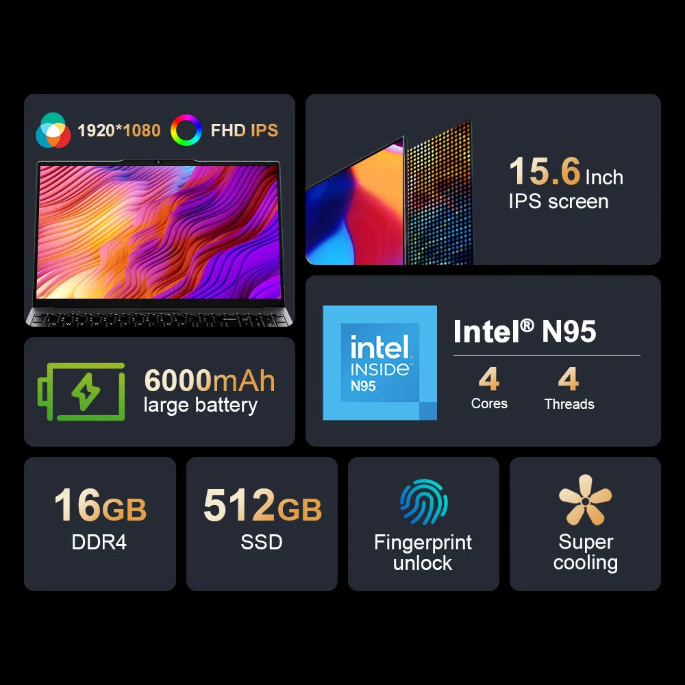 Ninkear N15 Air Laptop 15,6" IPS 1080P IPS Intel N95 3.4Ghz 16GB RAM 512GB SSD General Use Productivity Windows 11 pro Notebook