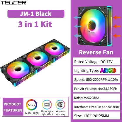 TEUCER JM-1 ARGB Fan 3 in 1 RGB Mirror Cycle Light Effect 800-2000RPM PWM Water Cooling 360mm  PC Cooler Fan Kit