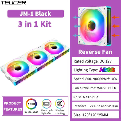 TEUCER JM-1 ARGB Fan 3 in 1 RGB Mirror Cycle Light Effect 800-2000RPM PWM Water Cooling 360mm  PC Cooler Fan Kit