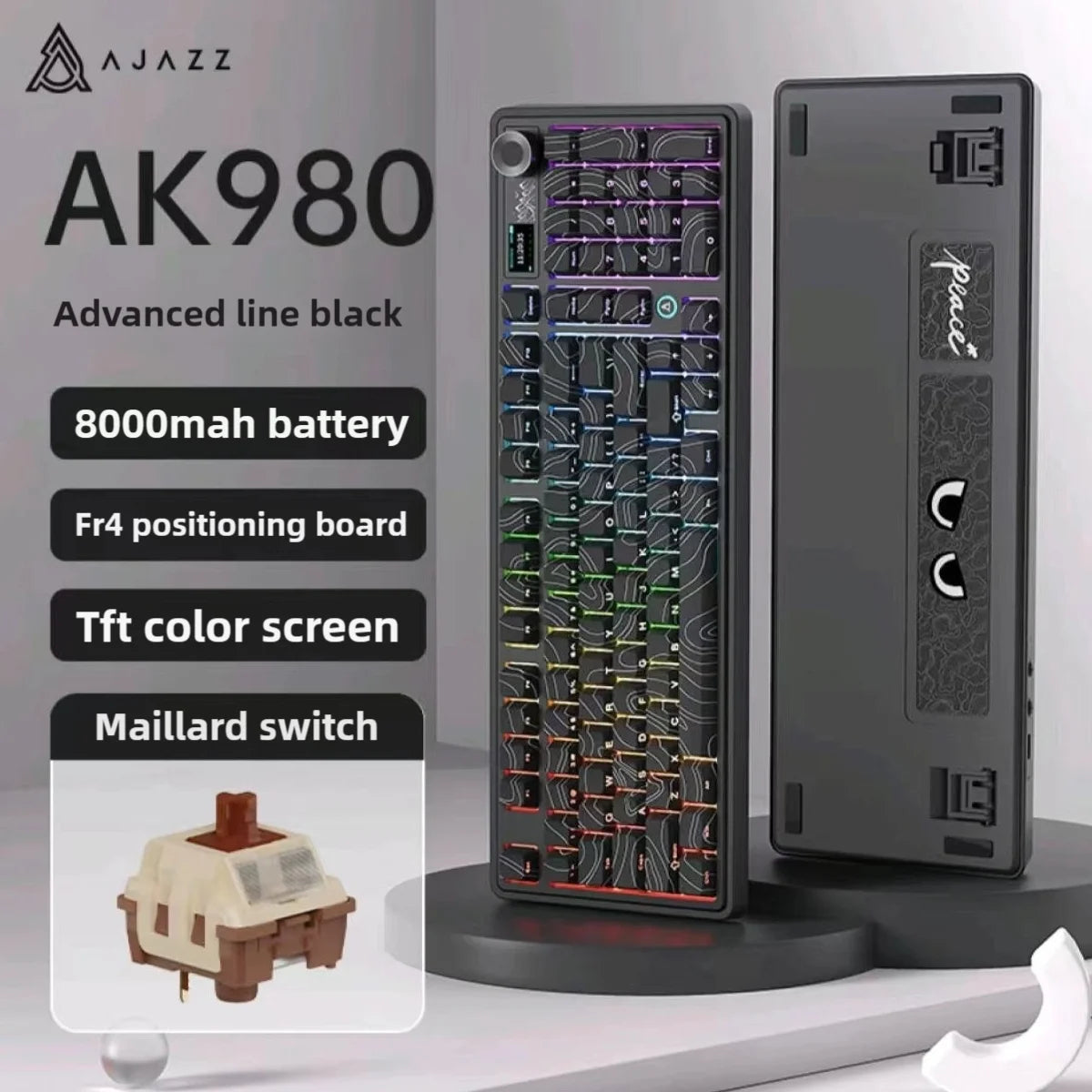 AJAZZ AK980 Mechanical Gaming keyboard, 2.9cm TFT Screen, Volume Knob, 98-Key Gasket Structure, RGB Lighting, Hot-Swappable PR4
