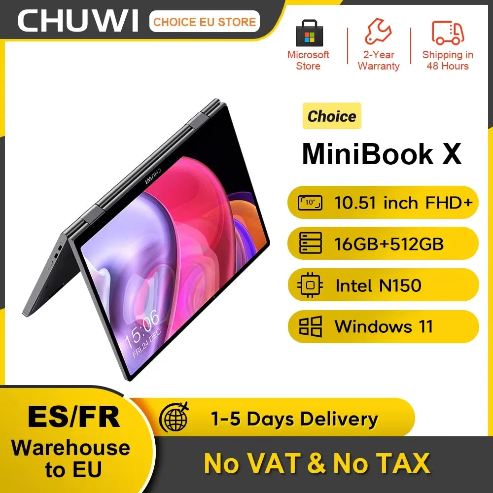 CHUWI MiniBook X N150 Laptop 10.51 Inch 16GB RAM 512GB SSD 2-in-1 Yoga Mode Intel  Windows 11 Notebook 360° Flipable WiFi 6