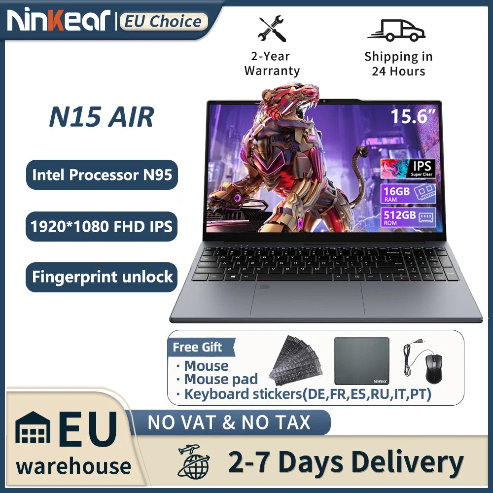 Ninkear N15 Air Laptop 15,6" IPS 1080P IPS Intel N95 3.4Ghz 16GB RAM 512GB SSD General Use Productivity Windows 11 pro Notebook