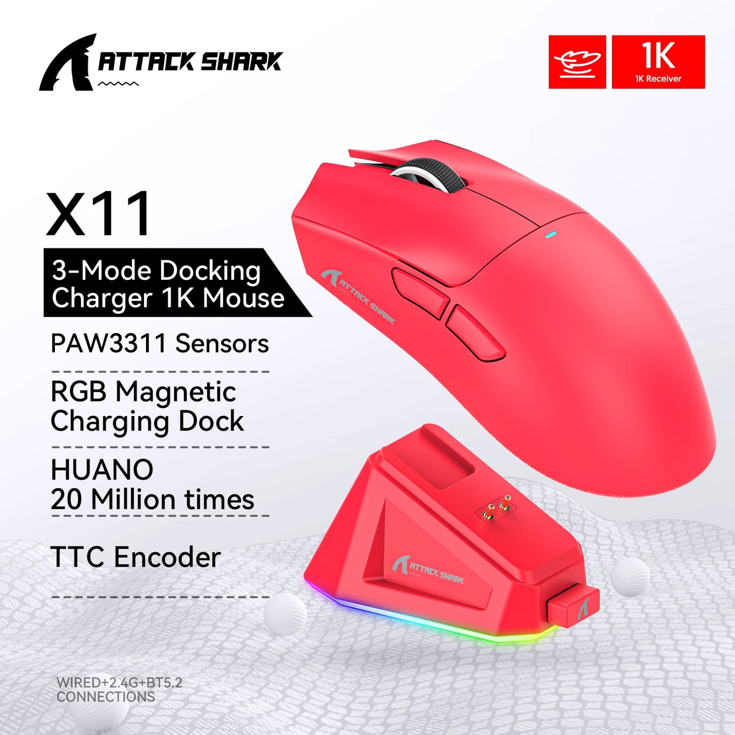 Attack Shark R1/X11 Wireless Gaming Mouse, 18K DPI PAW3311, Ergonomic, Lightweight Tri-Mode Bluetooth 2.4GHz USB, for PC/Laptop