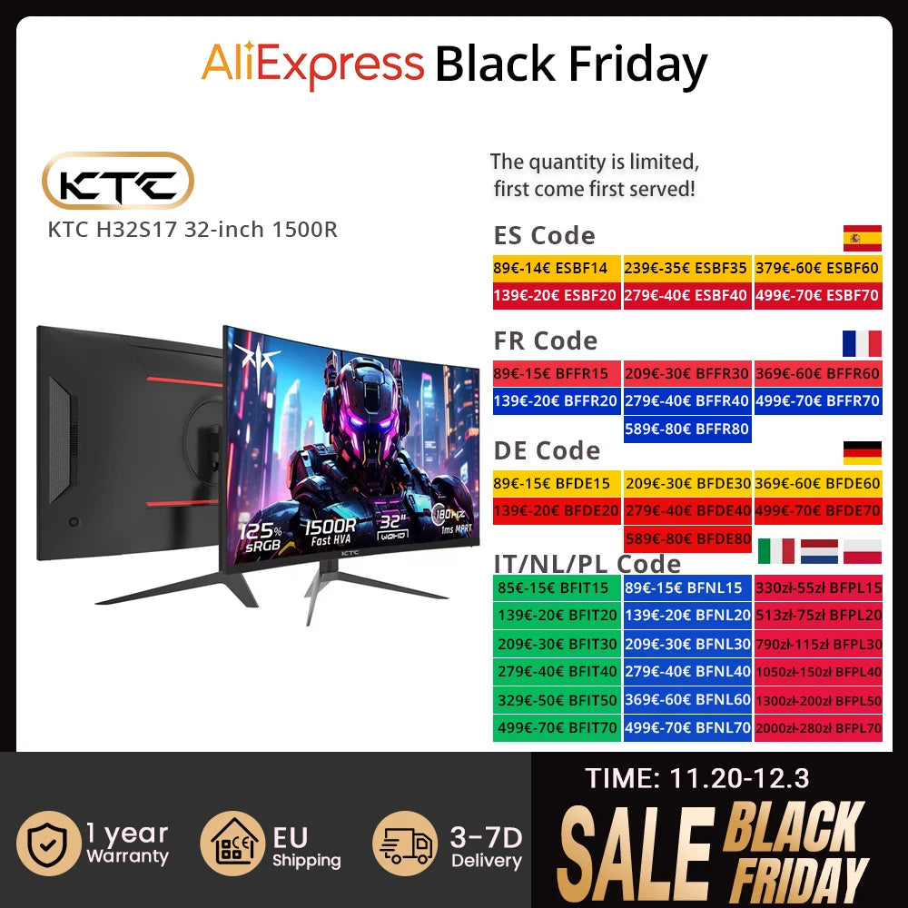 KTC H32S17 32 inch 1500R Curved Gaming Monitor 2560x1440 QHD 170Hz 16:9 ELED 99% sRGB with Sturdy Tripod VESA Mount Displayer